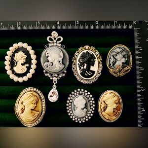 Lot of 7 Vintage Style Cameo Brooches Victorian Lady Portrait Pearl Crystal Pins